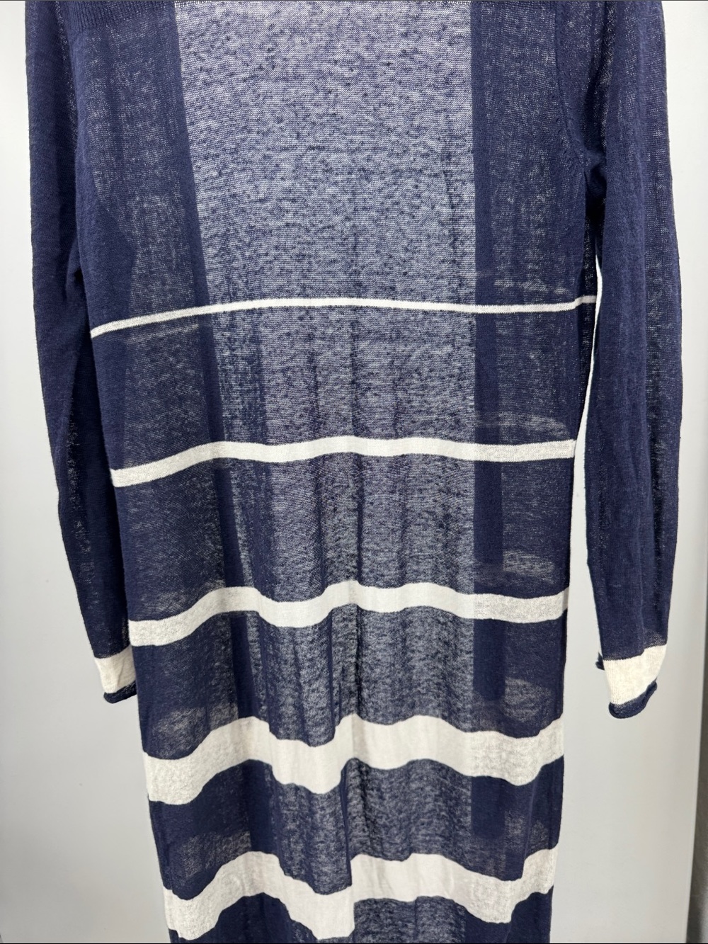 Chico's Navy White Striped Lightweight open front duster cardigan linen M stripe - Picture 4 of 10